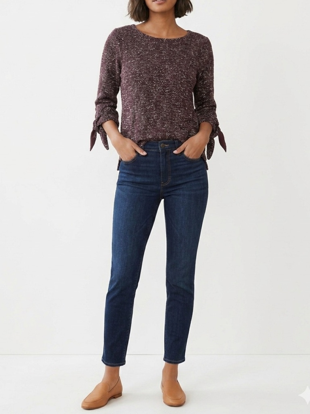 Ann Taylor Textured Knit Tie-Sleeve Sweater - Plum & White - Size M